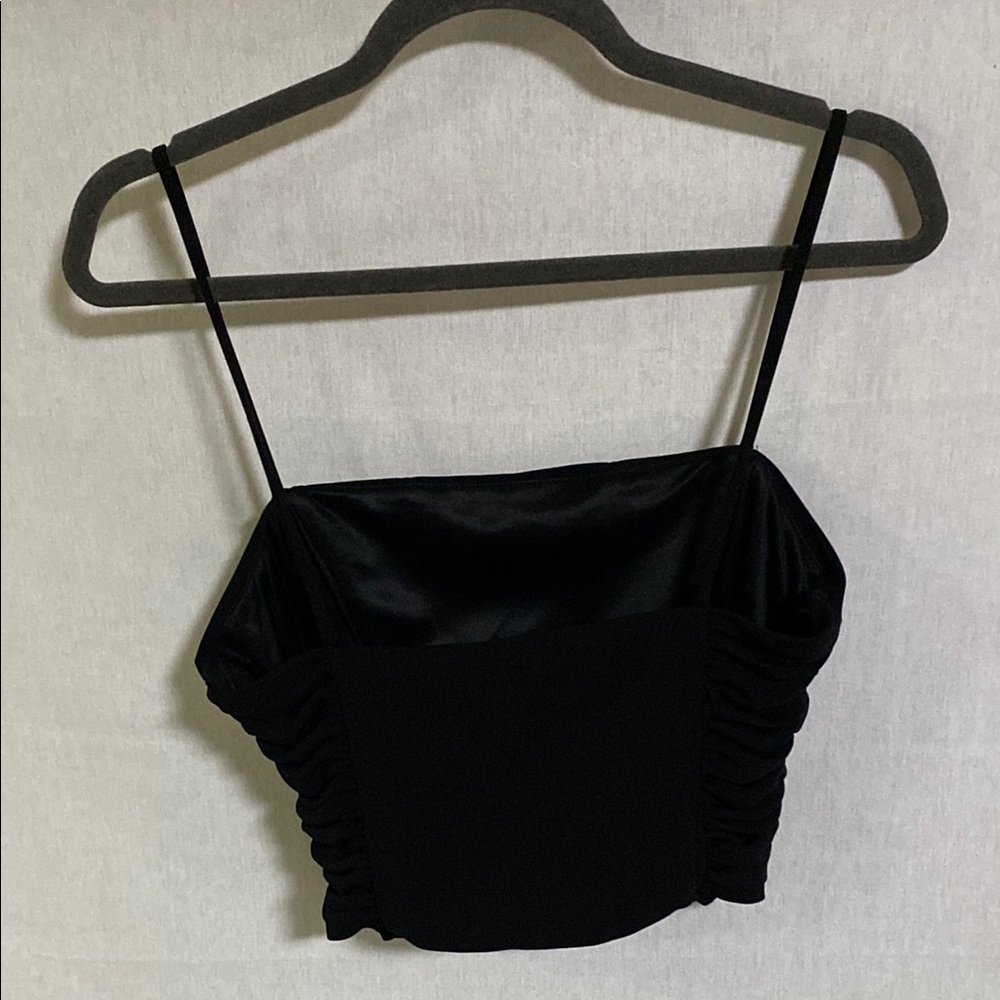 Zara Black Ruched Bustier Crop Top Spaghetti Straps Zipper Side - Picture 6 of 10